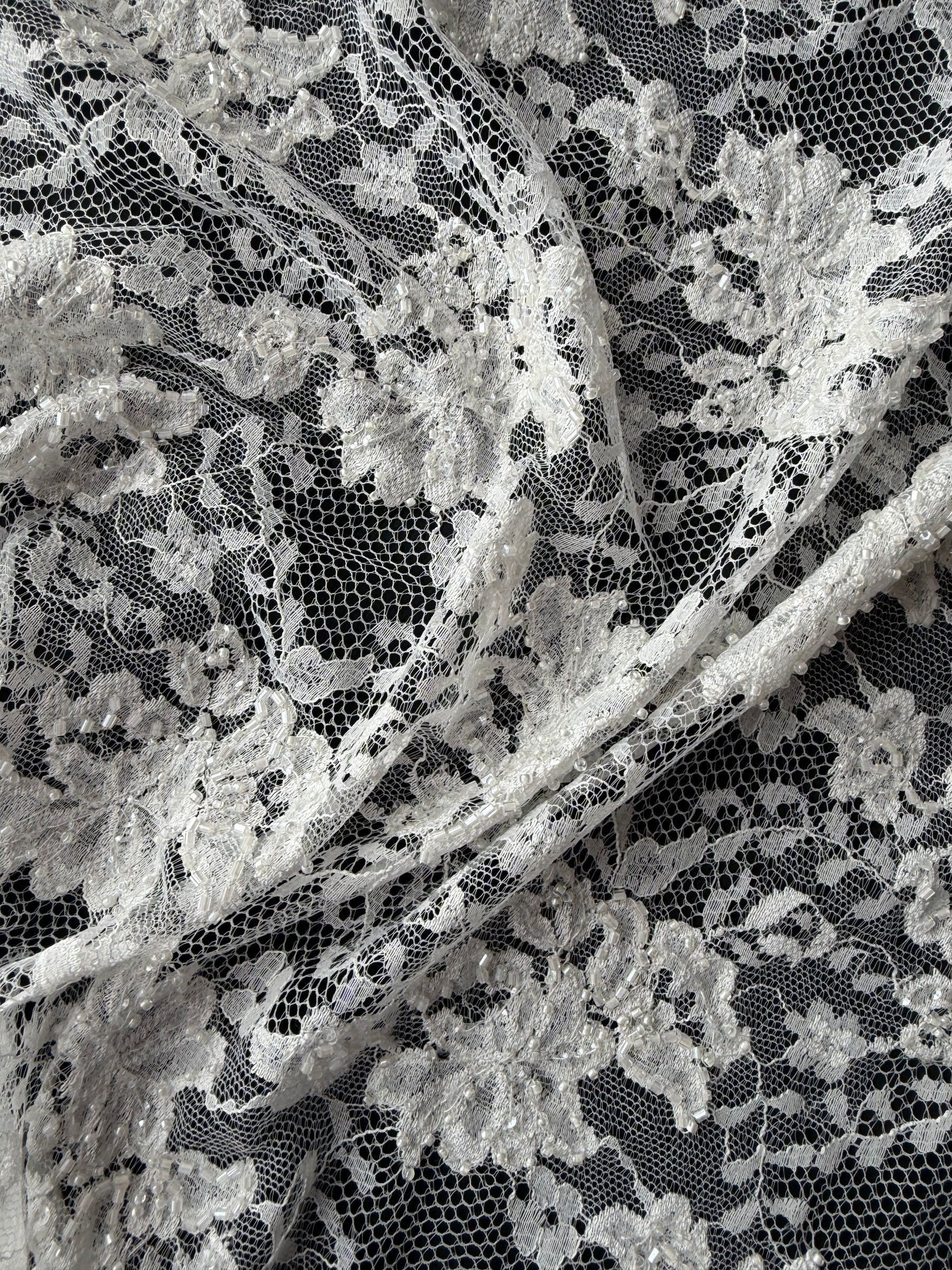 Dark Ivory Beaded Raschel Lace - P395