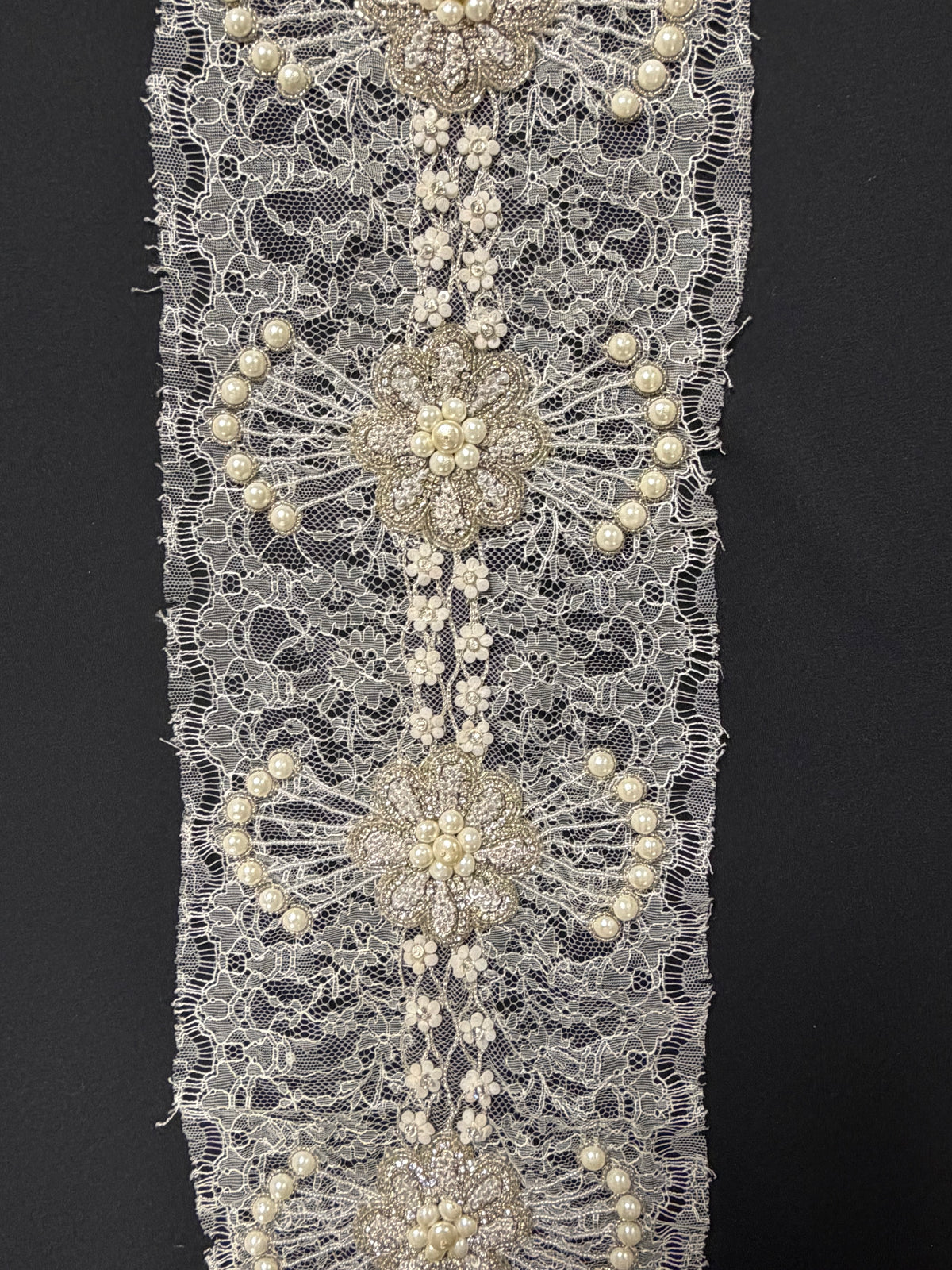 Ivory Crystal Beaded Pearl French Chantilly Edging - T264