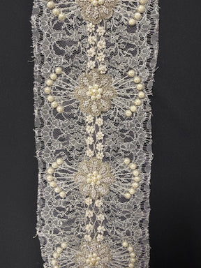 Ivory Crystal Beaded Pearl French Chantilly Edging - T264