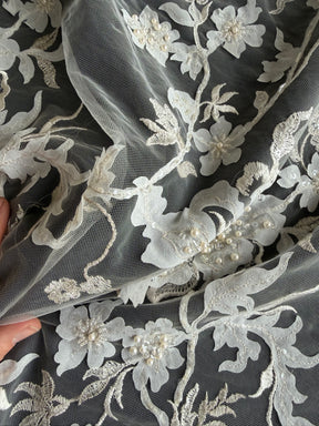 Light Peach tulle with Ivory Embroidery Lace - EB1015