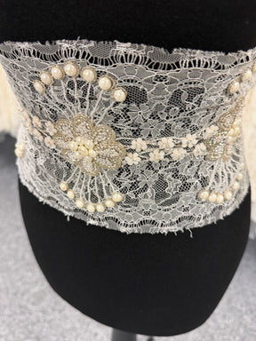 Ivory Crystal Beaded Pearl French Chantilly Edging - T264