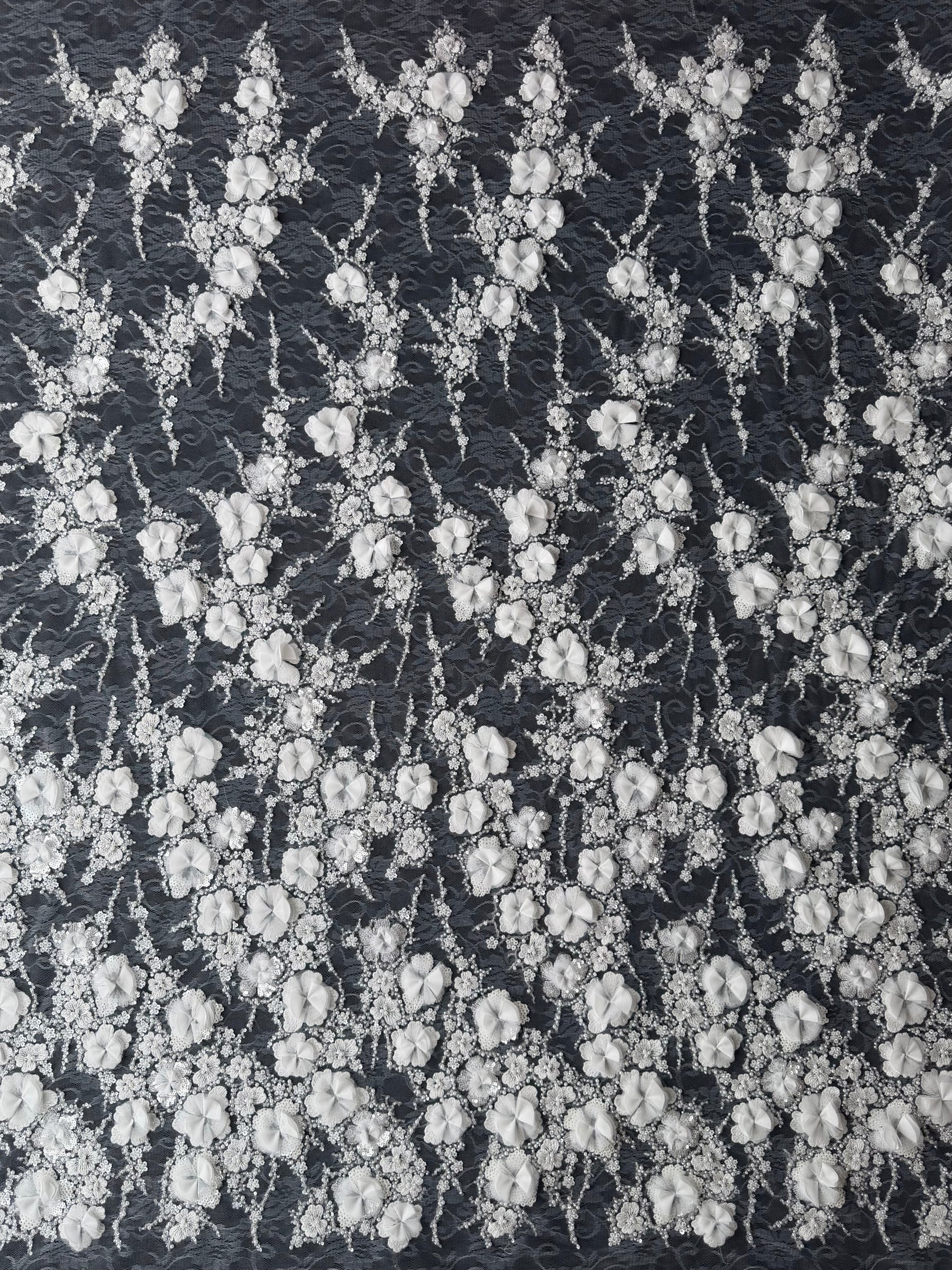 Ivory 3D Emb Beaded Tulle - EB1106