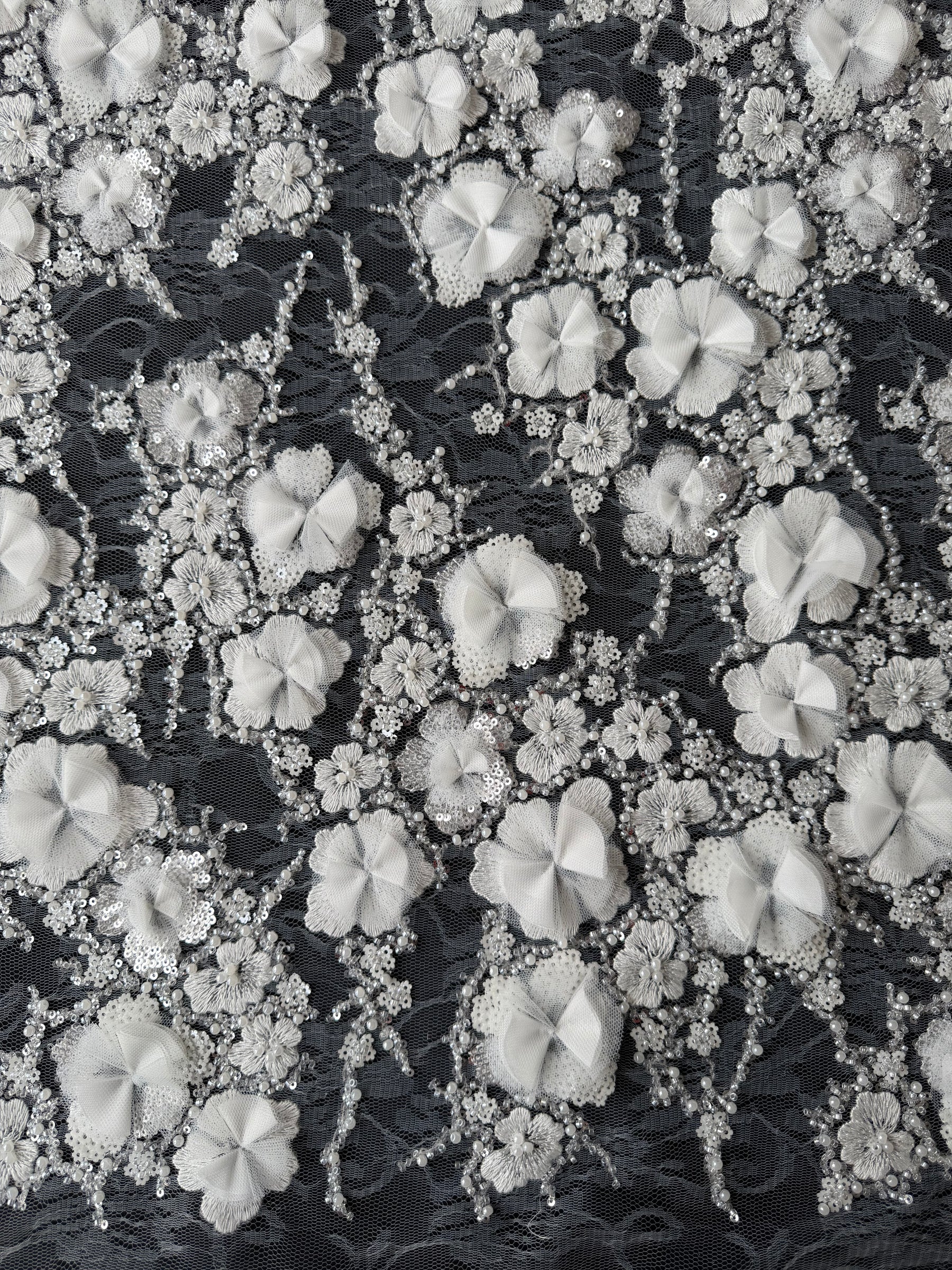 Ivory 3D Emb Beaded Tulle - EB1106