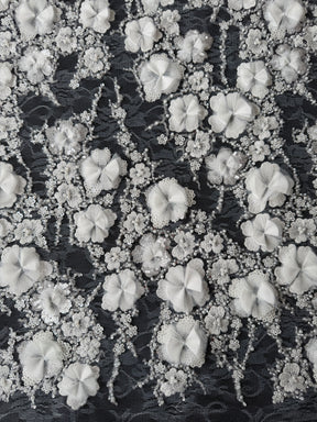 Ivory 3D Emb Beaded Tulle - EB1106