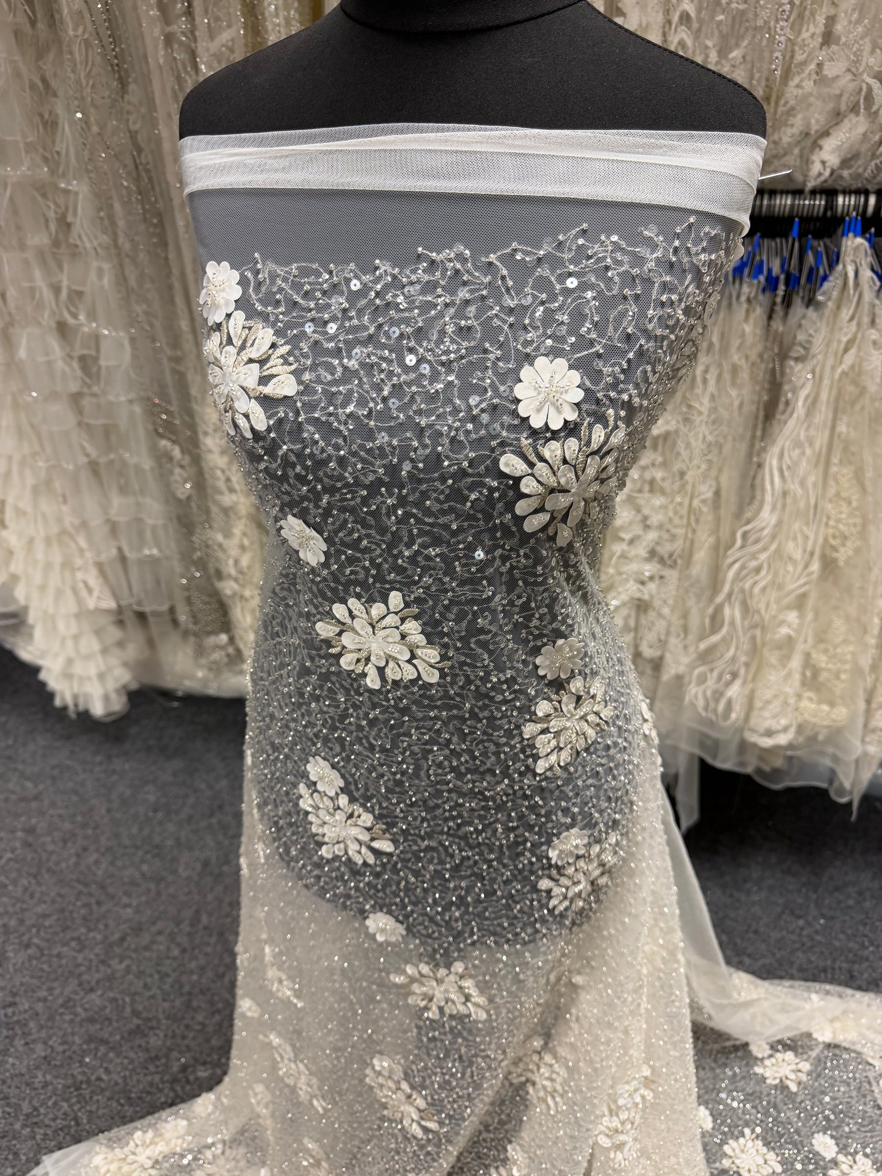 Ivory Embroidered Beaded Tulle - EB1074
