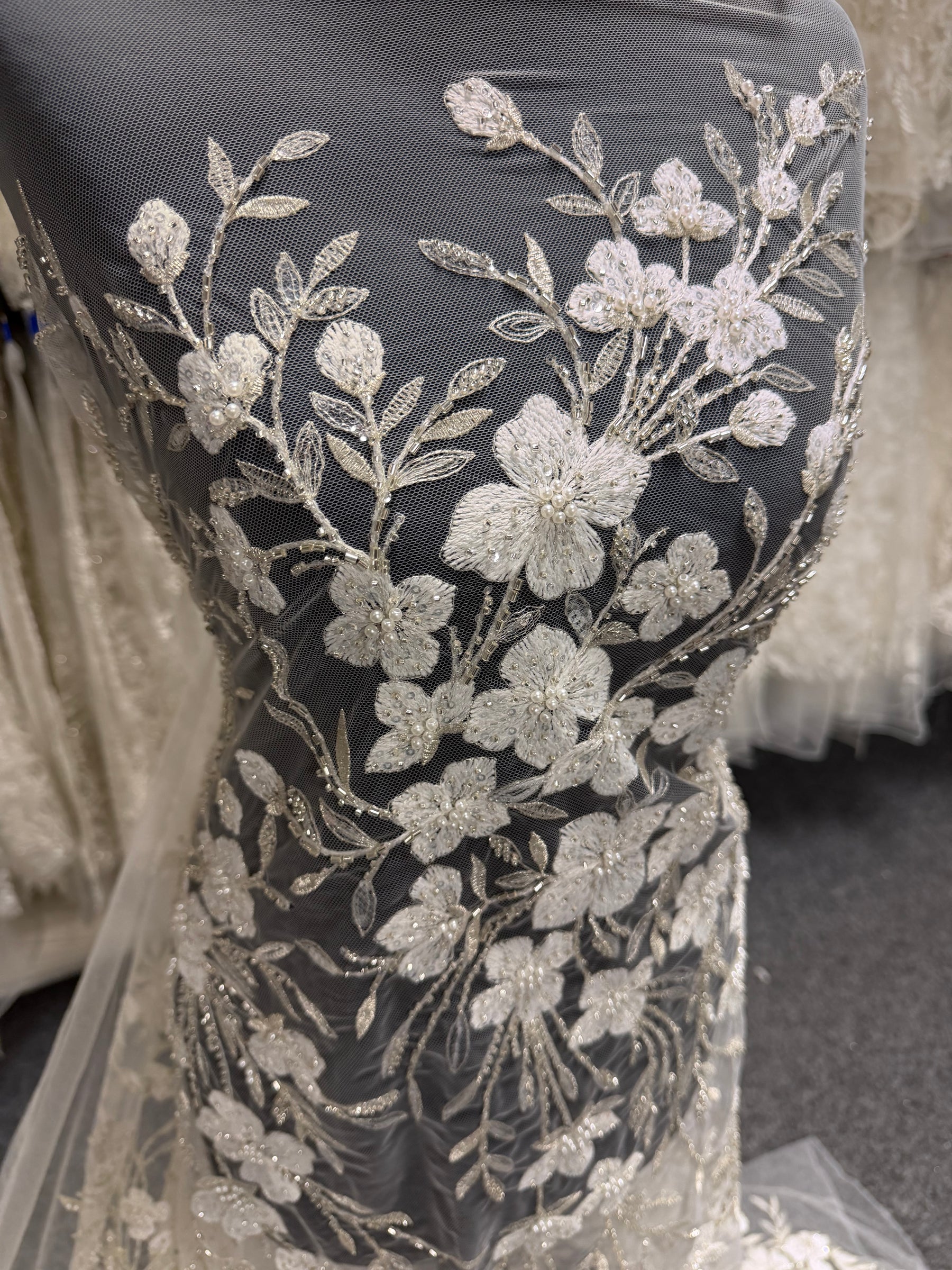 Ivory Embroidered Beaded Tulle - EB1080