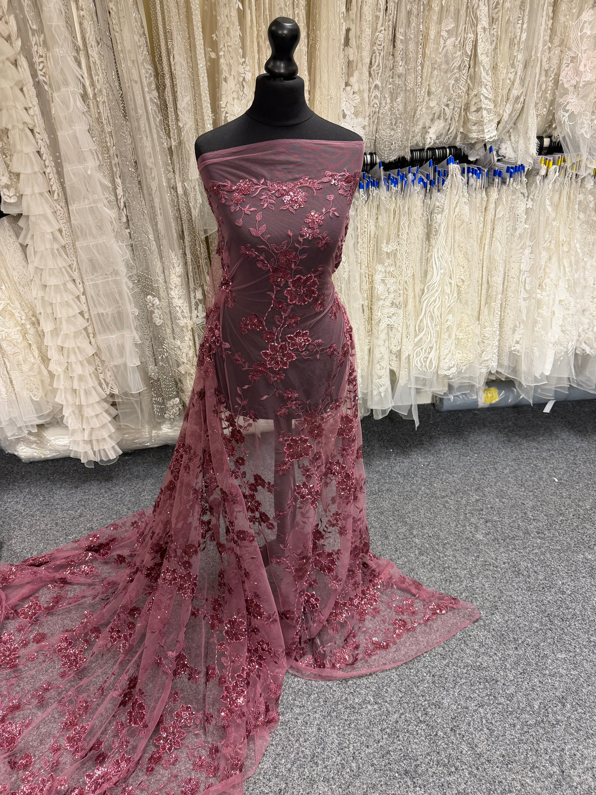 Red Bean Embroidered Beaded Tulle - EB1090