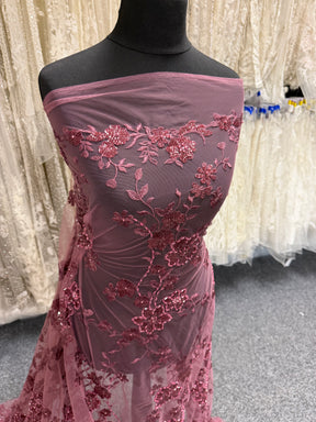 Red Bean Embroidered Beaded Tulle - EB1090