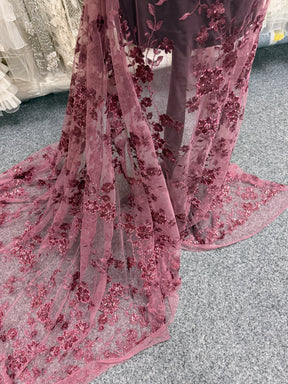 Red Bean Embroidered Beaded Tulle - EB1090