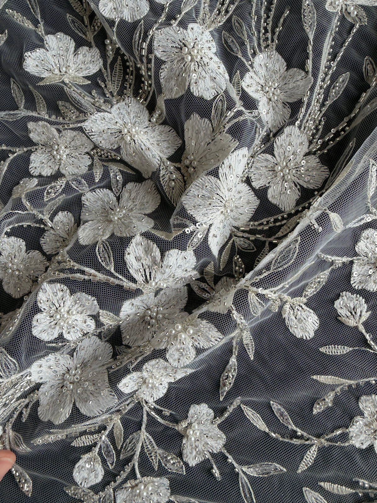 Ivory Embroidered Beaded Tulle - EB1080