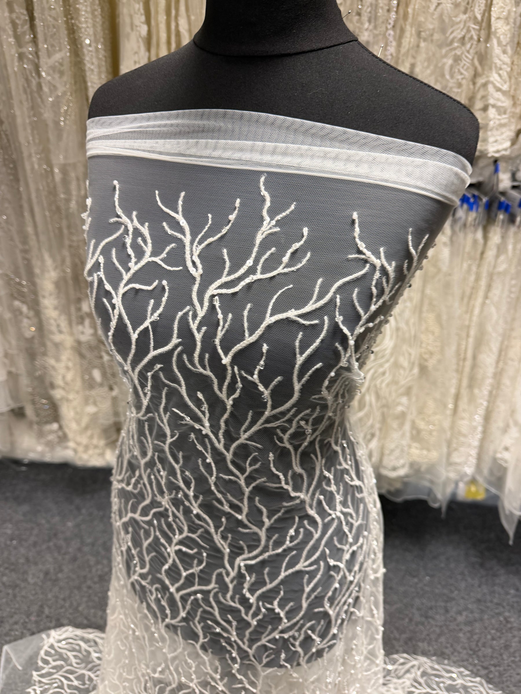 Ivory Embroidered Beaded Tulle - EB1037