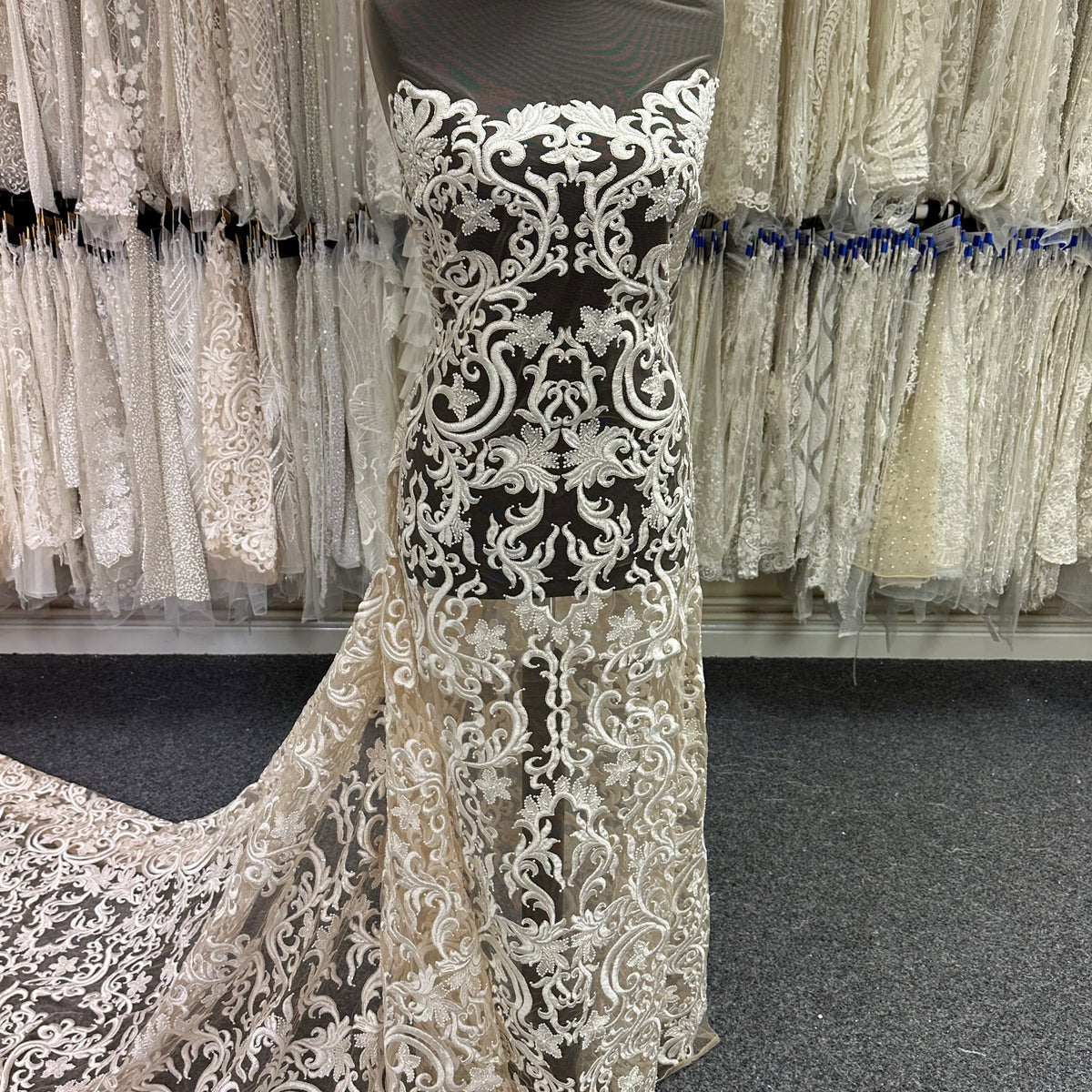 Ivory Embroidered Lace on Nude Tulle - Elke