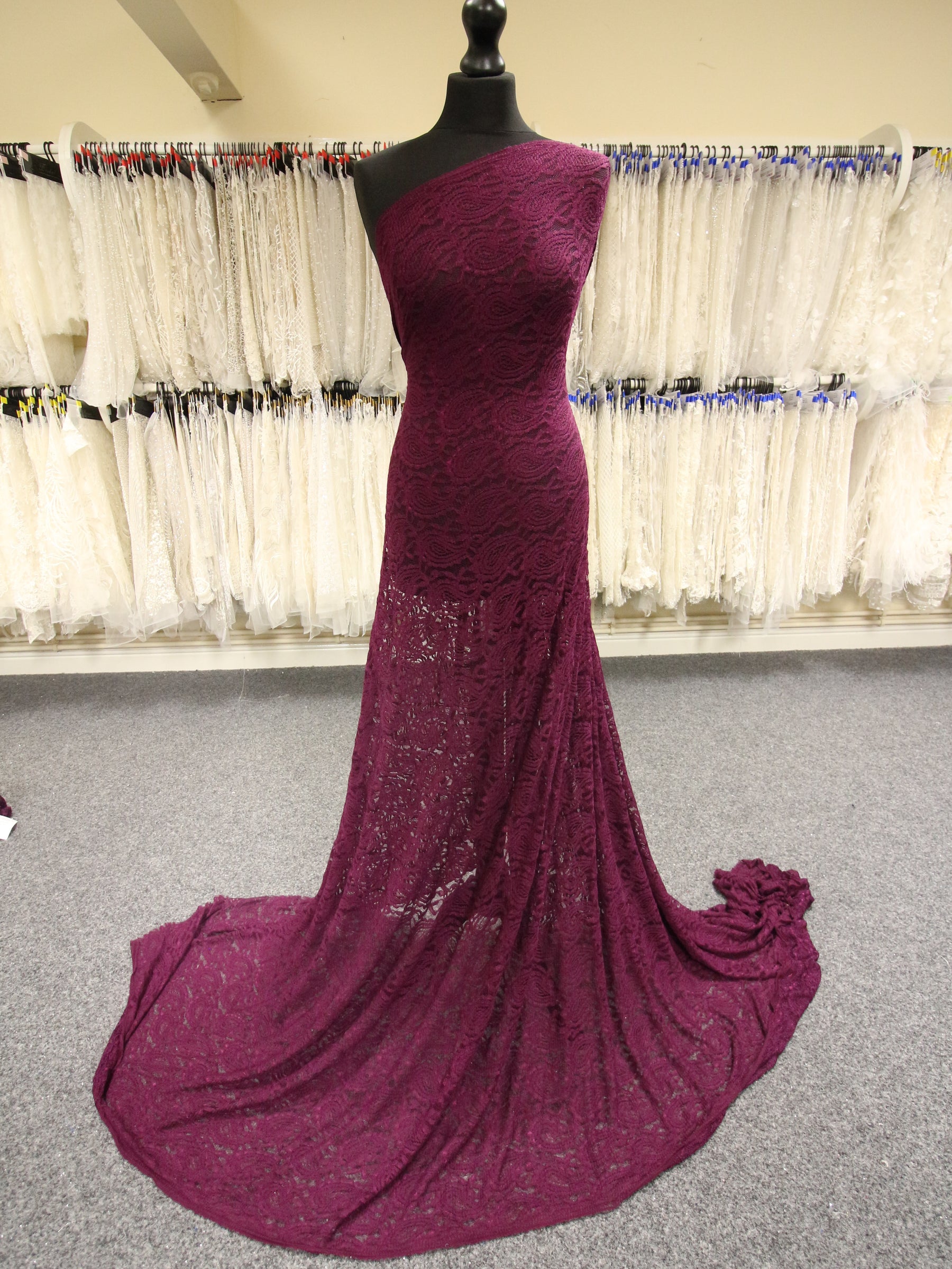 suede draped lace maxi dress in magenta Suede Draped Lace Maxi Dress in Pink