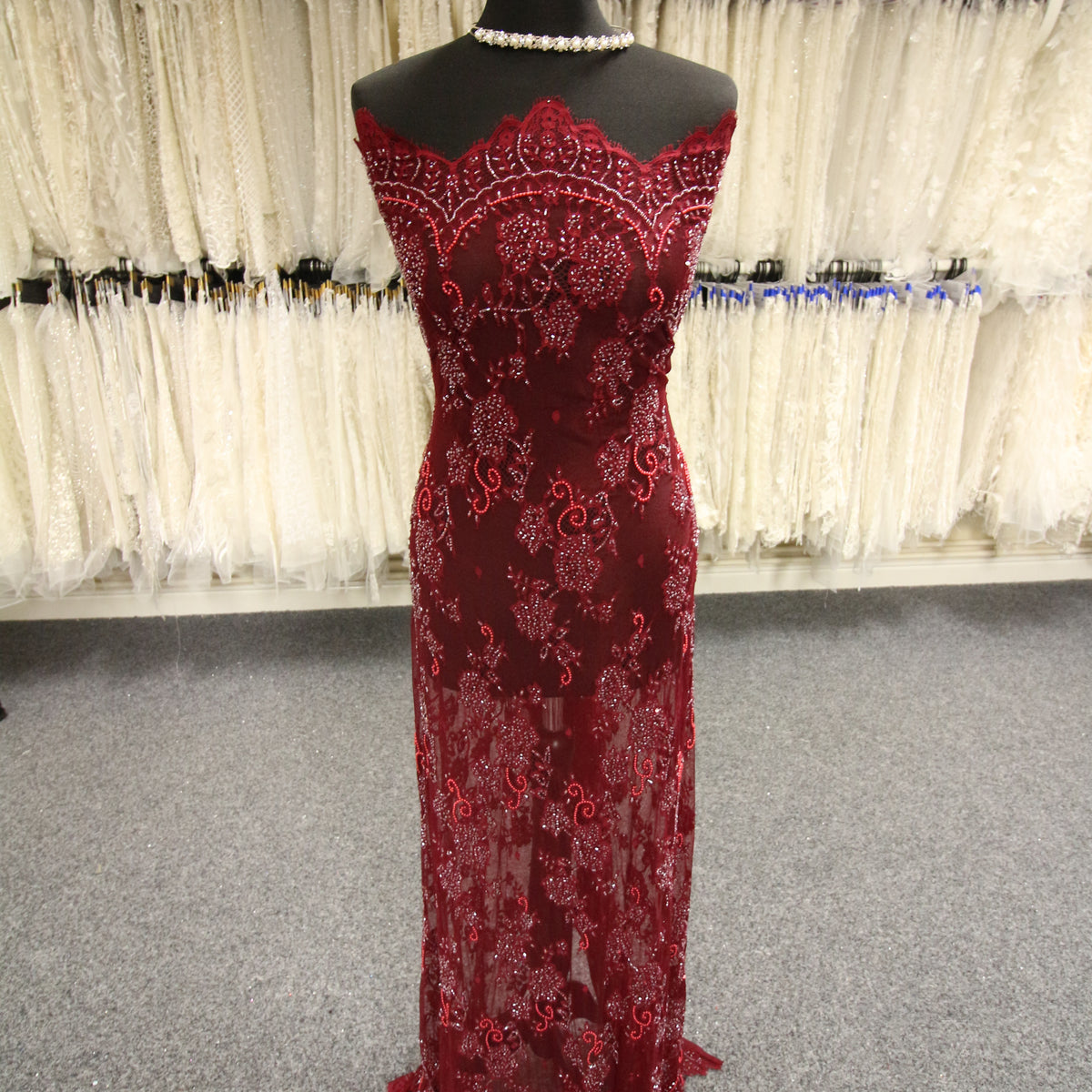 Maroon Beaded Lace Jacintha