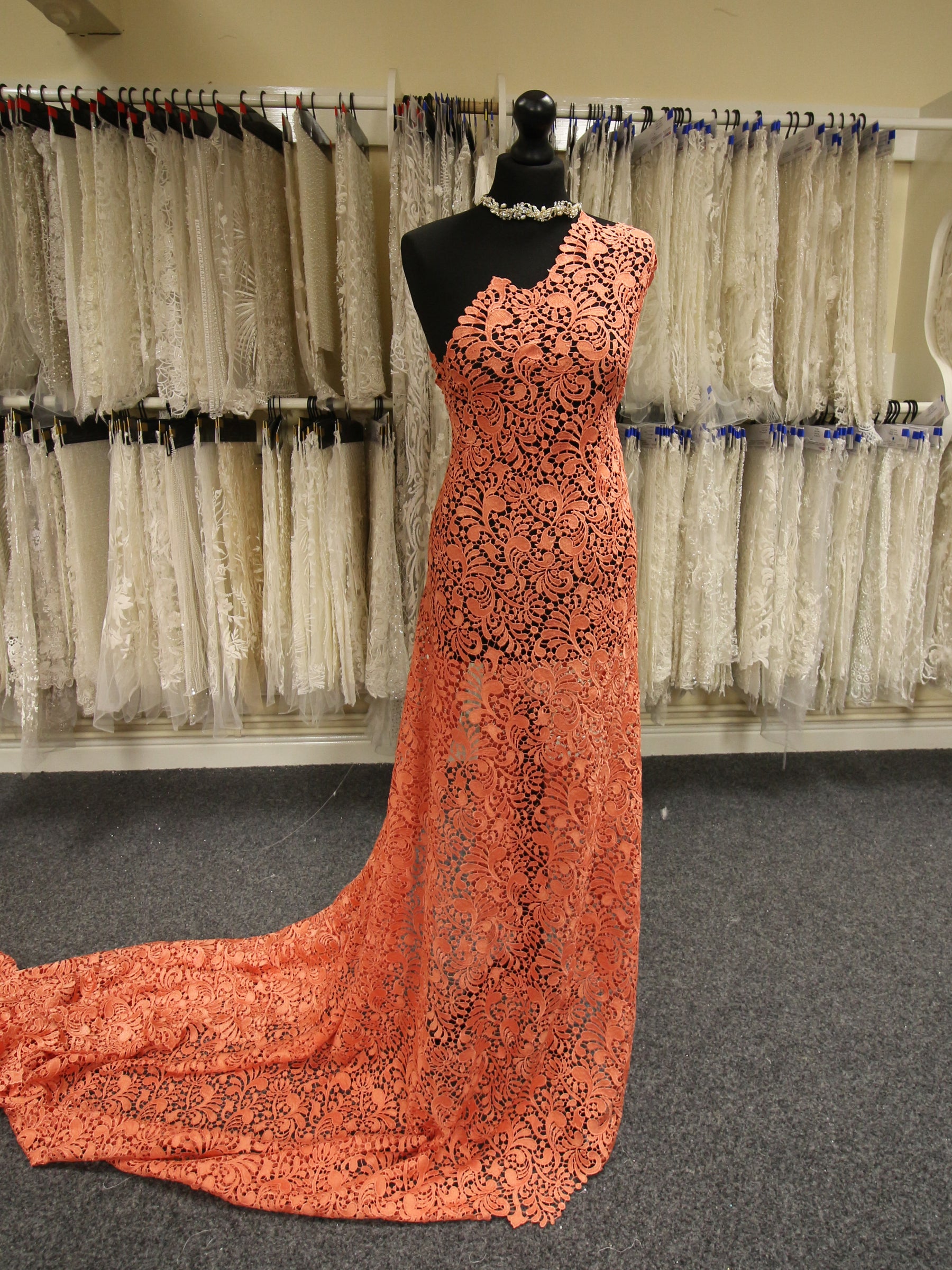 salmon colored lace dress Long coral lace dress for celebrations CHICA del Sur