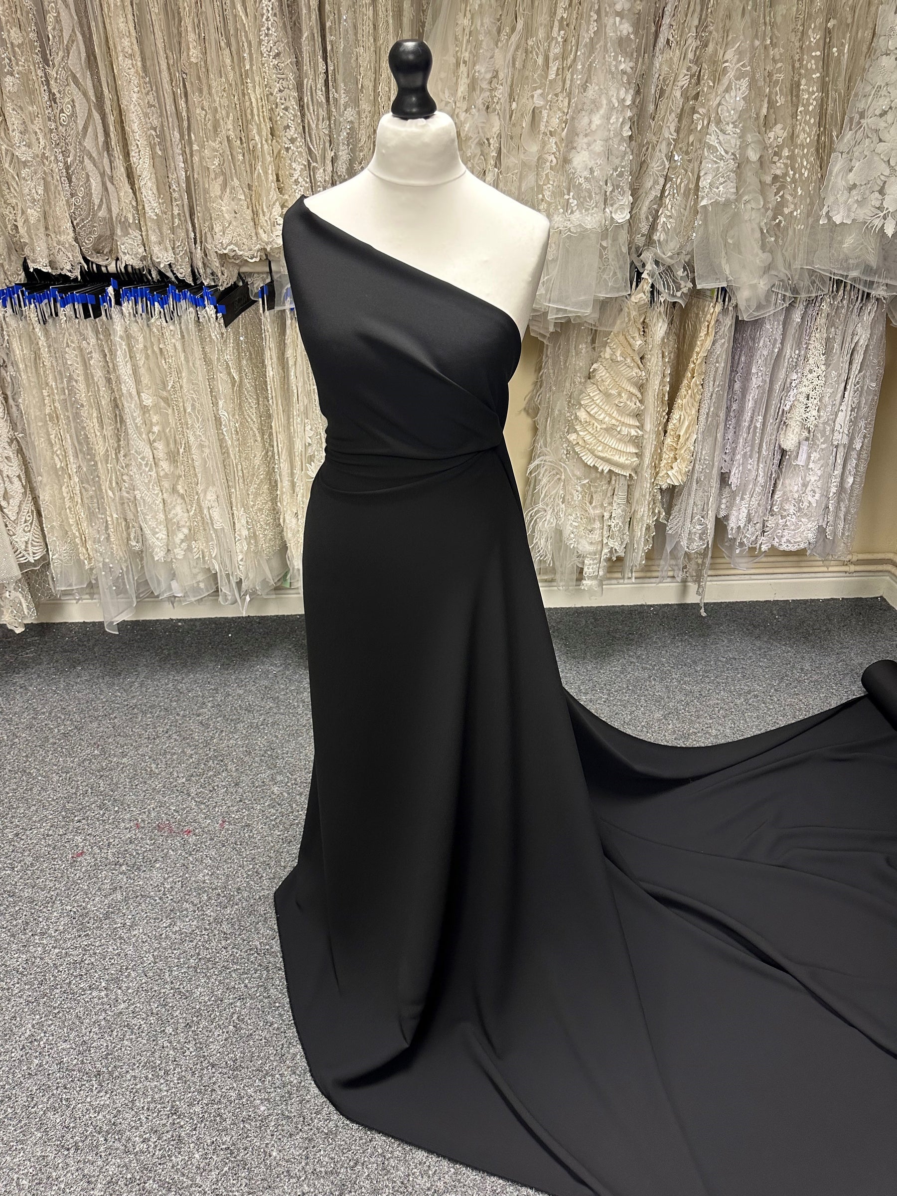 polyester crepe dress Long Black Lady of the Lake Dress, Flowing Polyester Crepe, Medieval Style Dress, Flowing Crepe Dress, Fairycore Clothing, Long Pagoda Sleeves