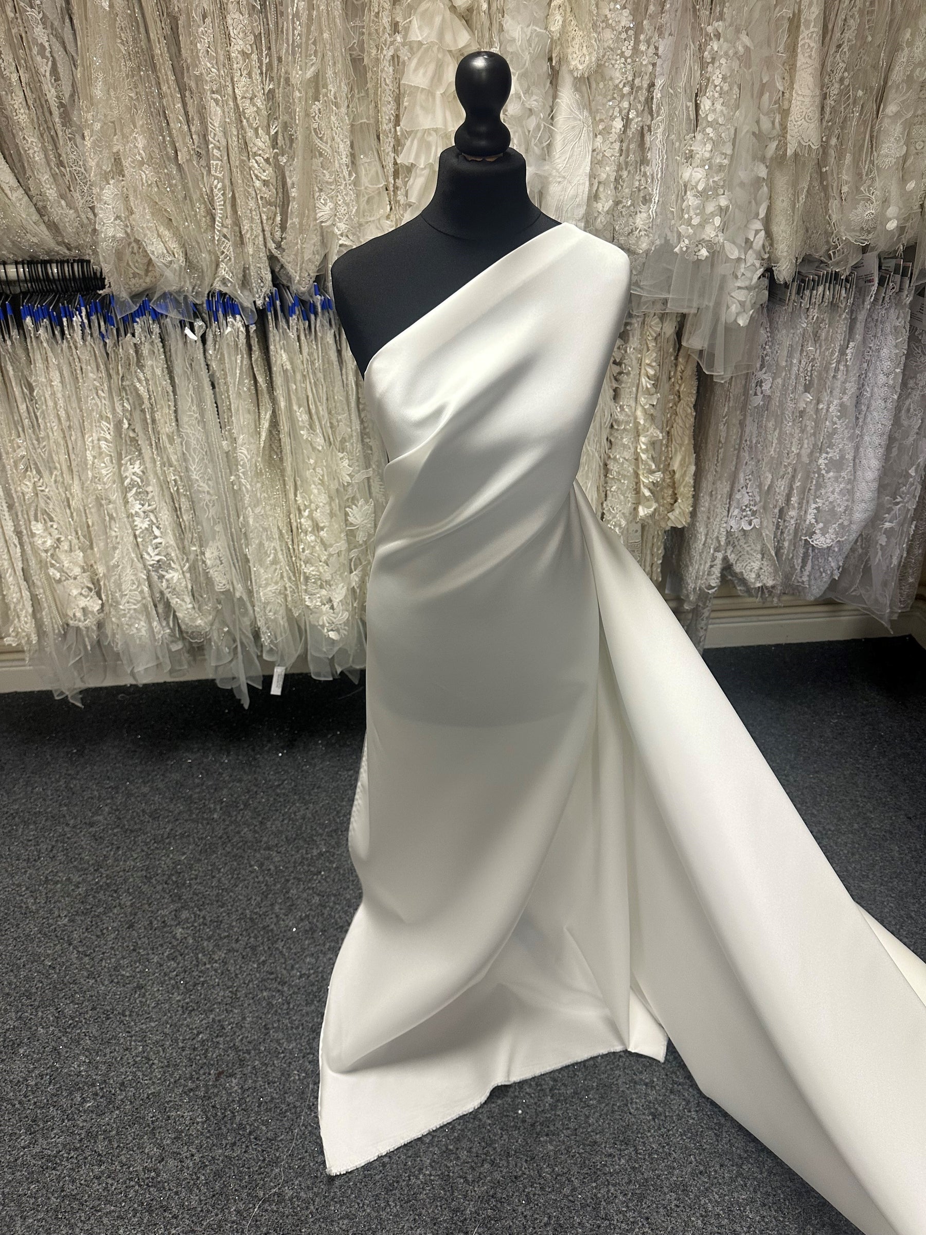 ivory silk organza wedding dress 320 - Silk A-line Wedding Dress: Ivory Gown With Lace Bodice & Ruffled Organza Cape. Couture Set With Circle Train and Pale Peach Accents