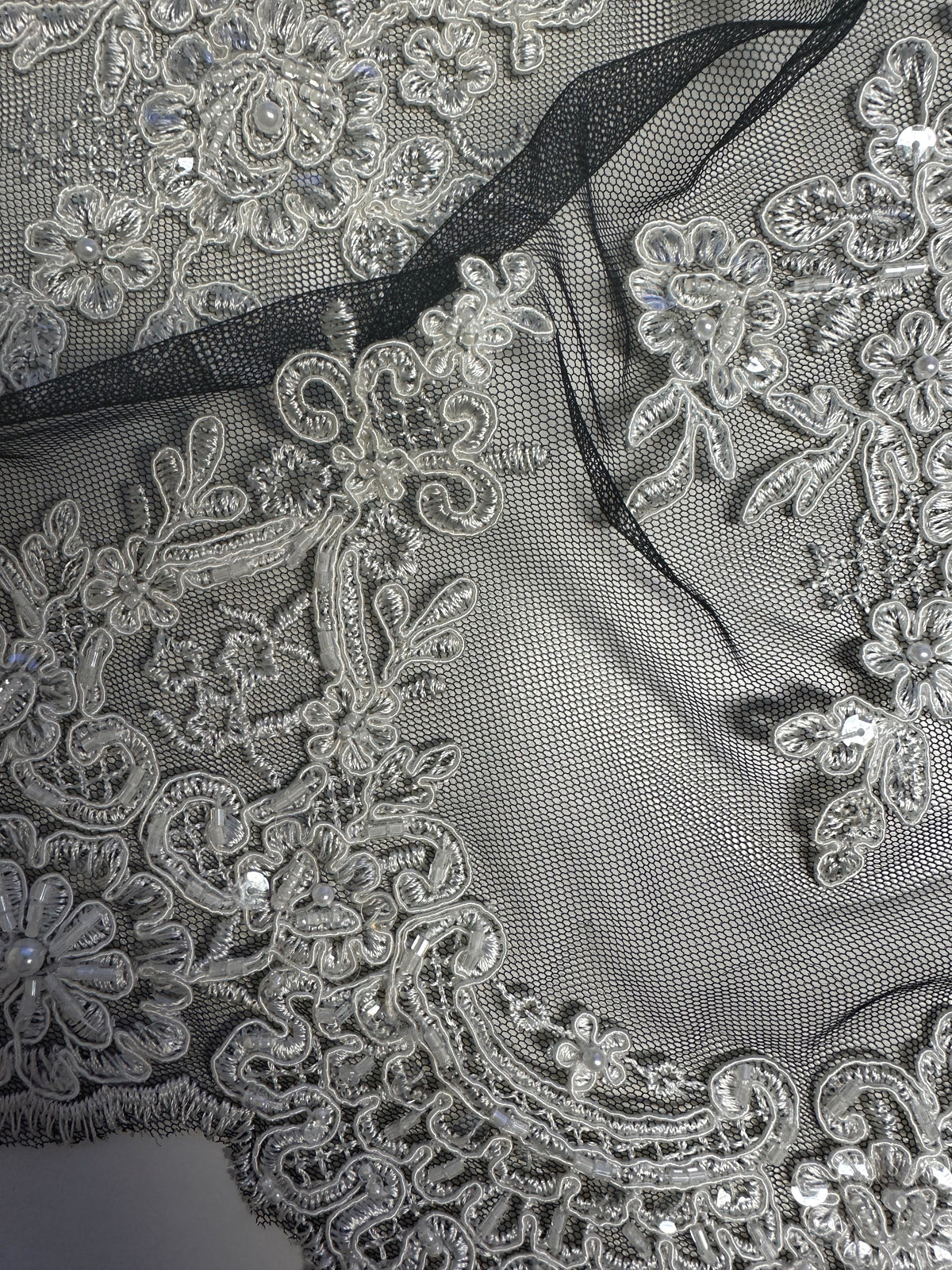 Ivory Corded Embroidery on Black Lace - Sarina (CF)