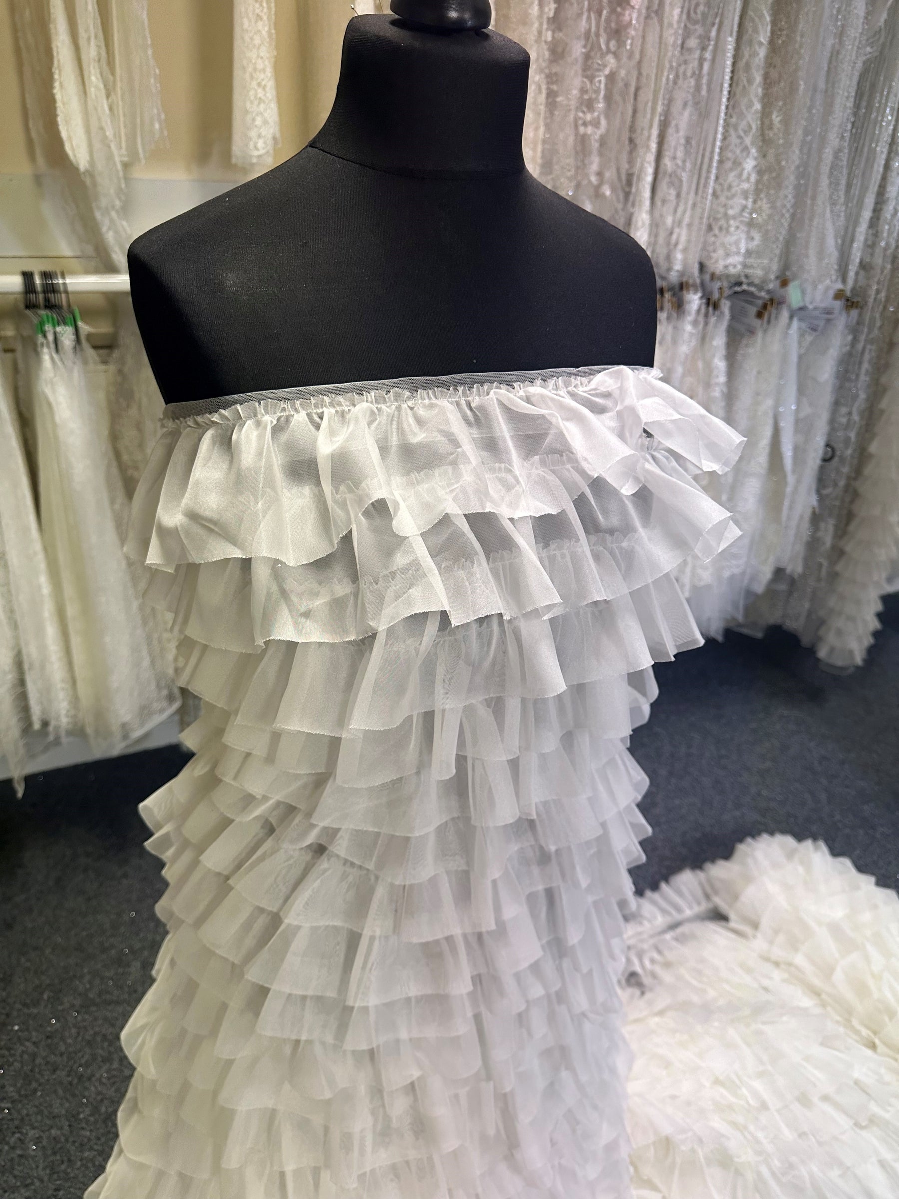 diamond organza ruffle dress in white open lace back dress Ivory Tiered Organza Ruffle Addison