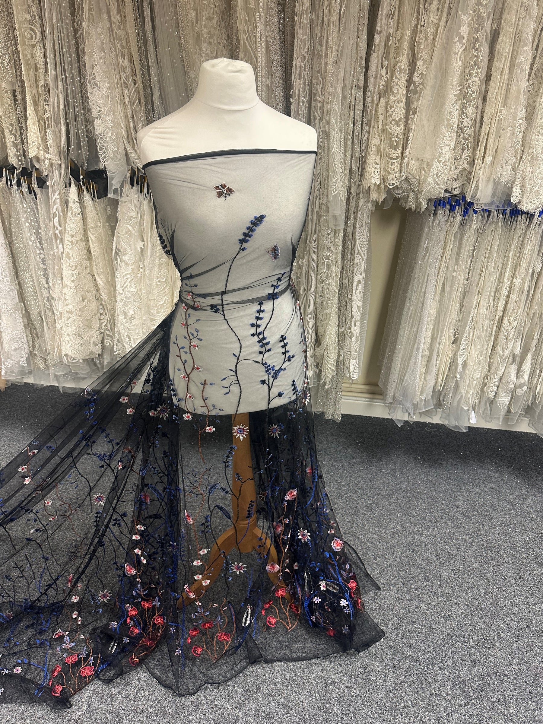 Multi Coloured Embroidered Lace on Black Tulle - Sassi Multi Coloured Embroidered Lace on Black Tulle - Sassi