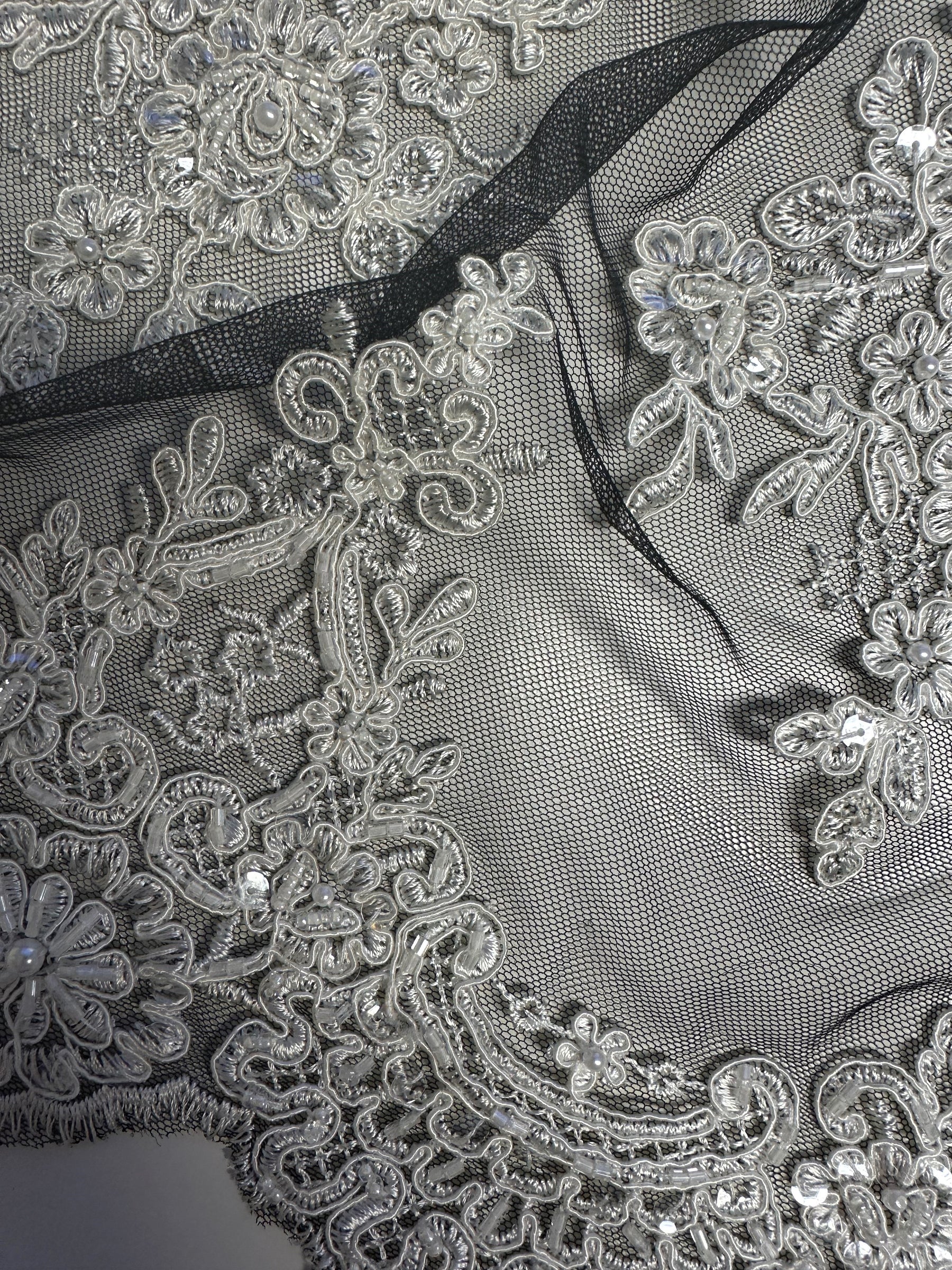 Ivory Corded Embroidery on Black Lace - Sadiki