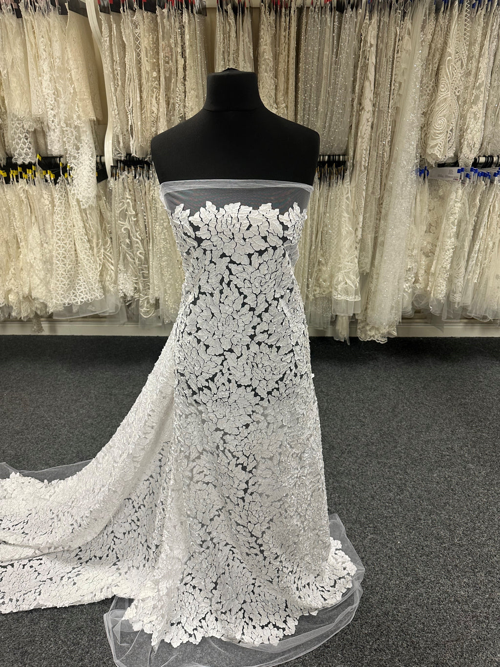 laser cut lace wedding dress Off-Shoulder Wedding Dress with Laser Cut Train