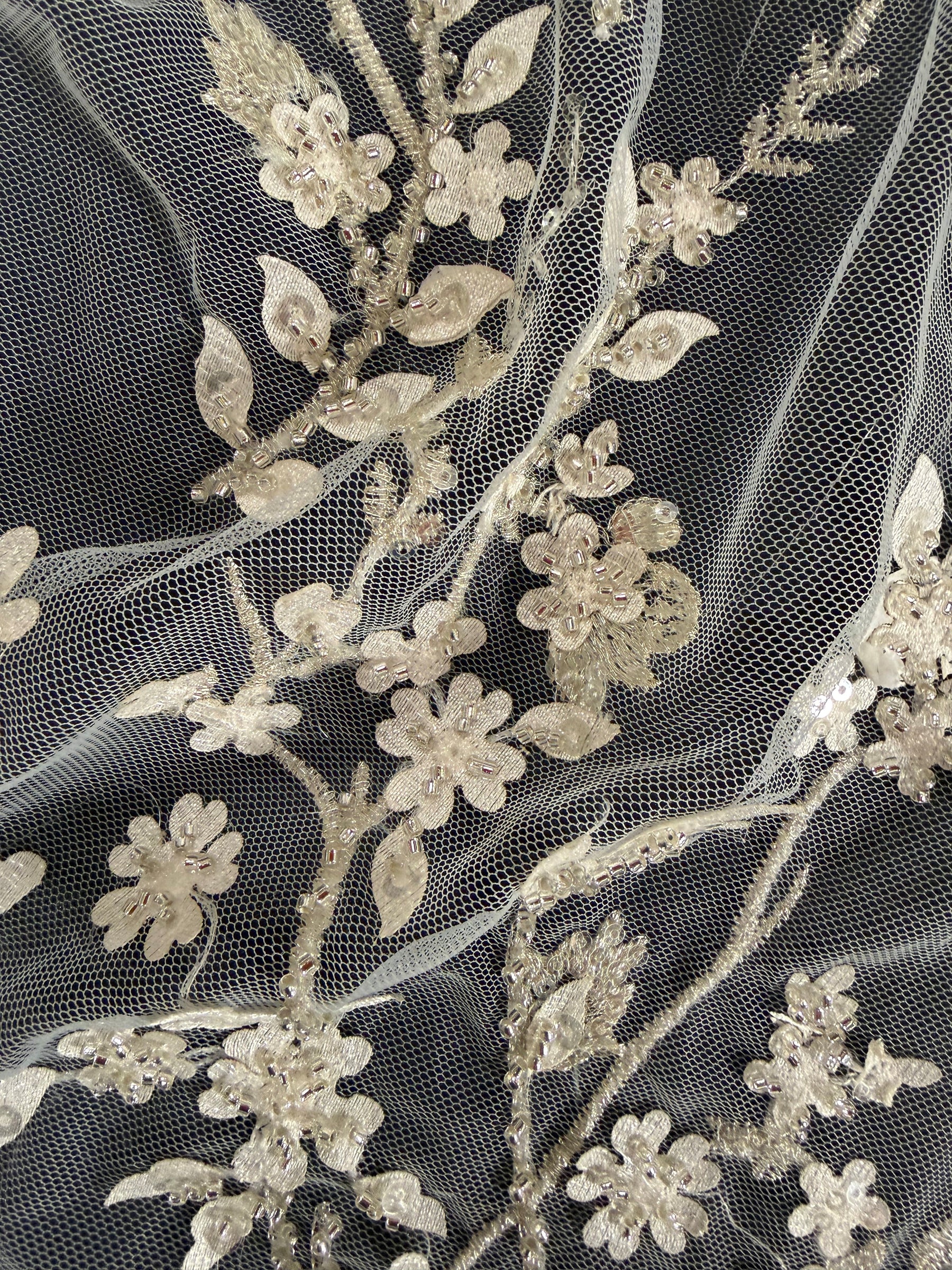 Ivory/Silver Embroidered Lace - EB1073