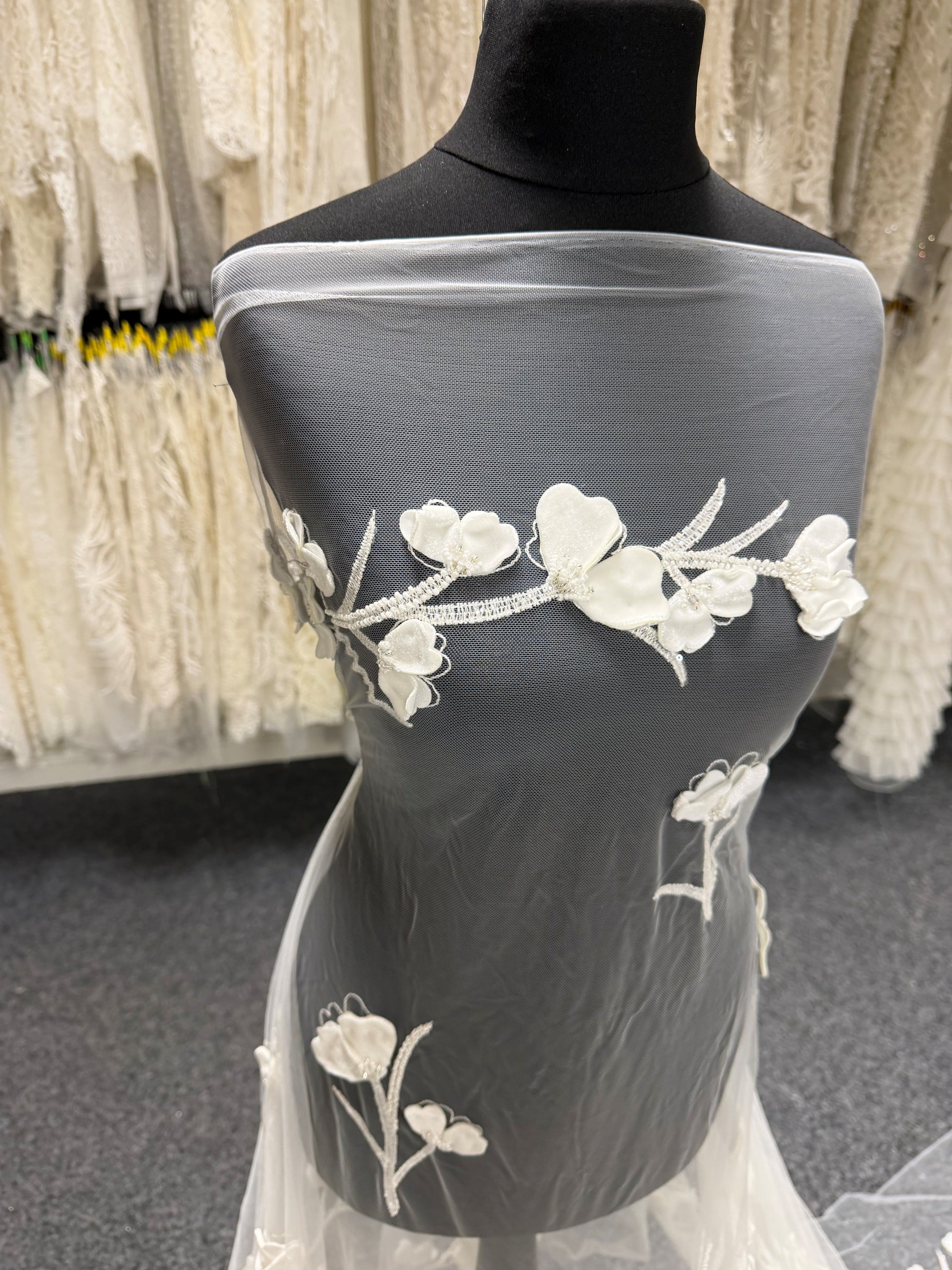 Ivory 3D Emb Beaded Tulle - EB1082