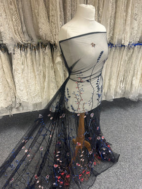 Multi Coloured Embroidered Lace on Black Tulle - Sassi