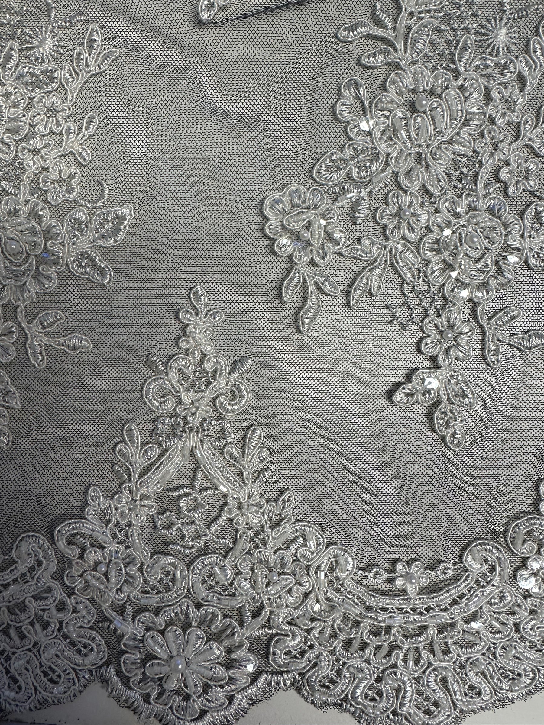 Ivory Corded Embroidery on Black Lace - Sarina (CF)