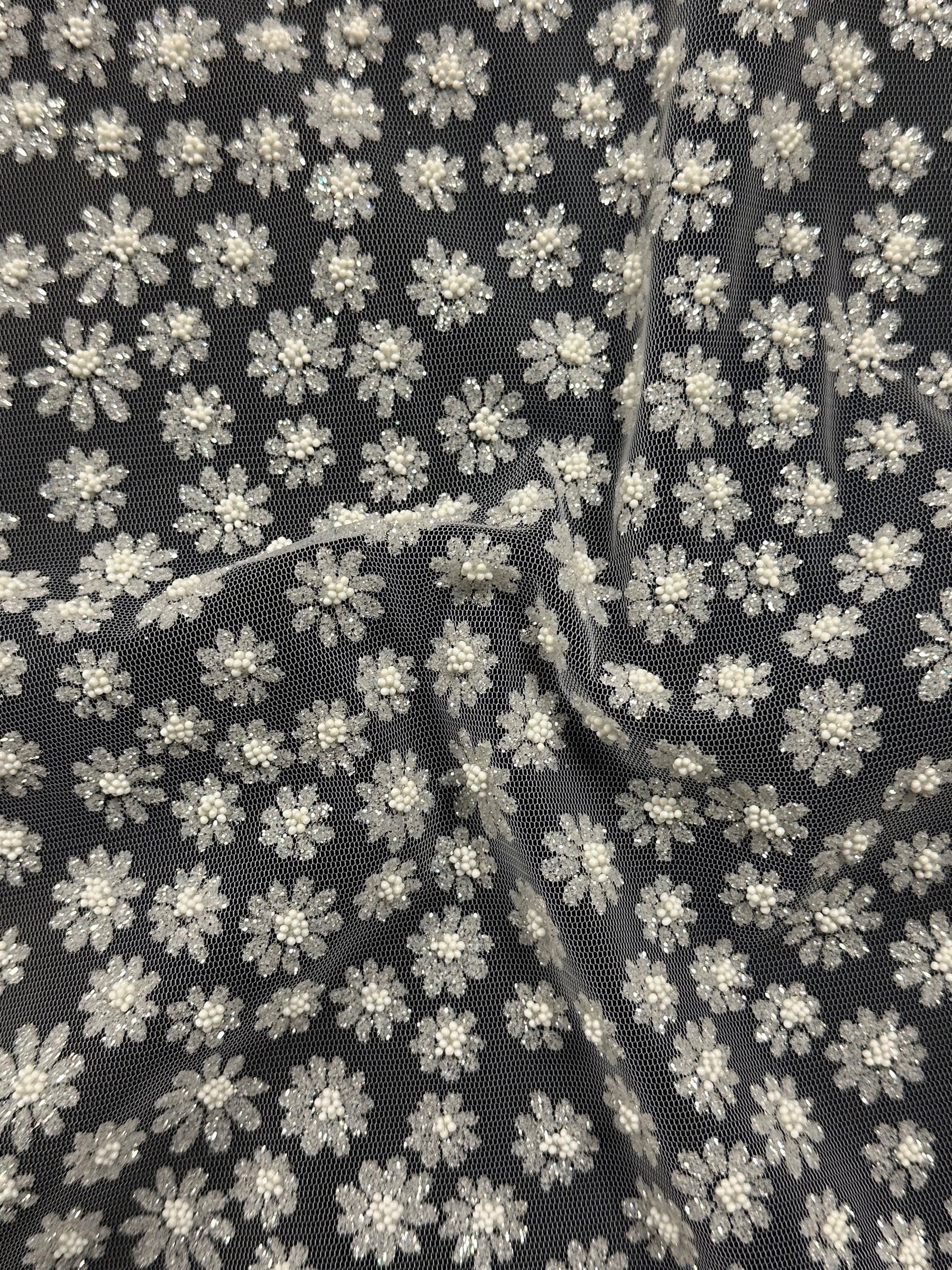 White Daisy Glitter Tulle - Jitter