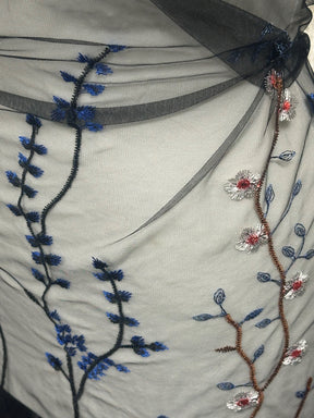 Multi Coloured Embroidered Lace on Black Tulle - Sassi