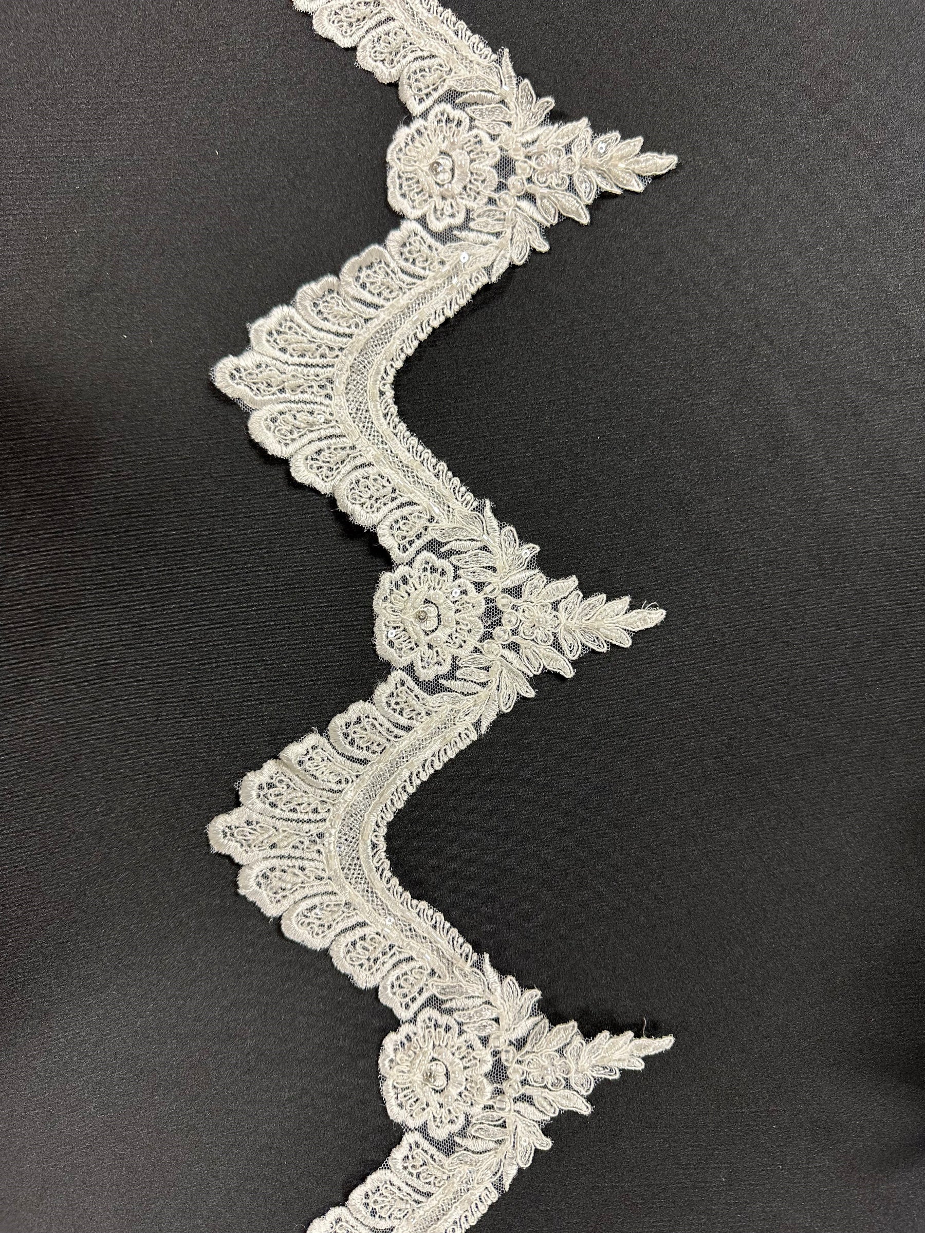 Ivory Embroidered Lace Trim with Beading - Topiary