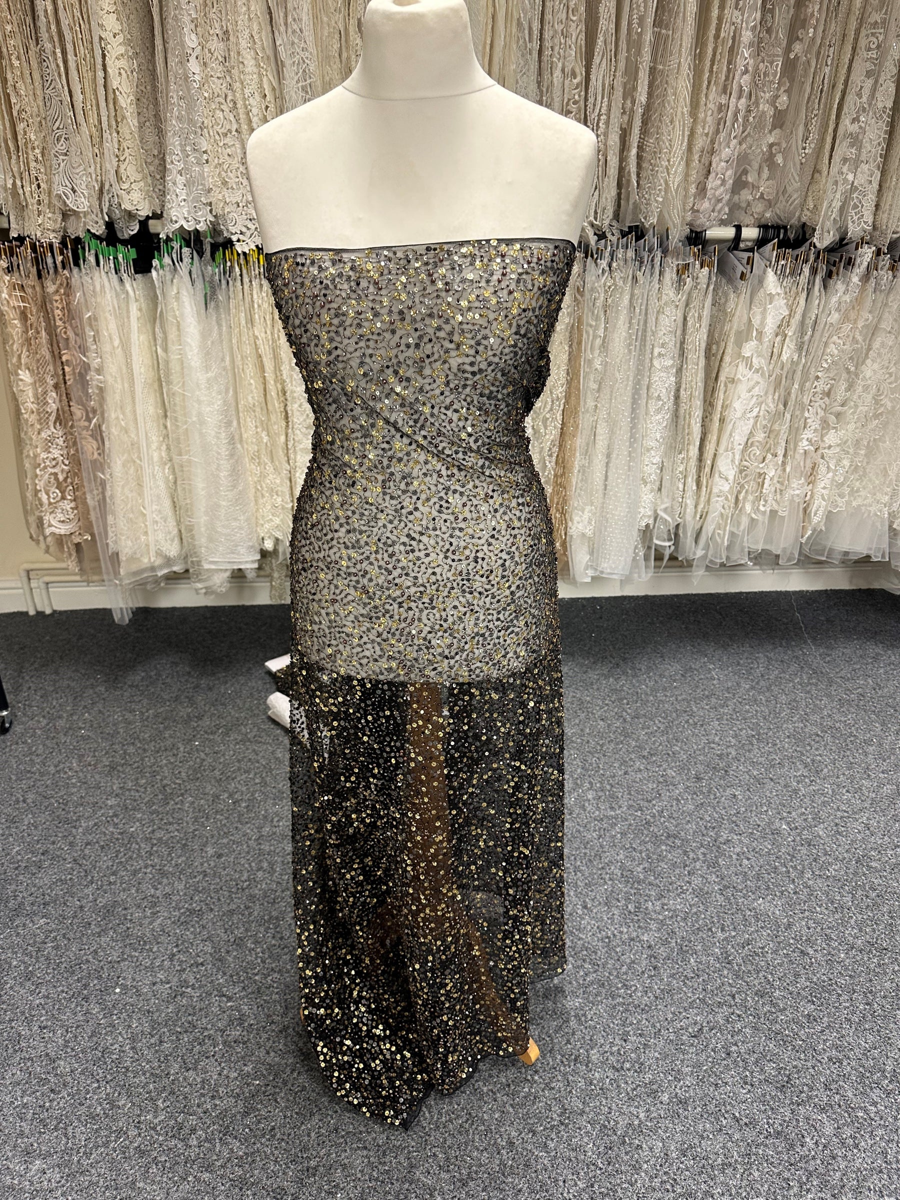 Black Sequinned Bridal Fabrics Tulle- Charlene Black Sequinned Bridal Fabrics Tulle- Charlene