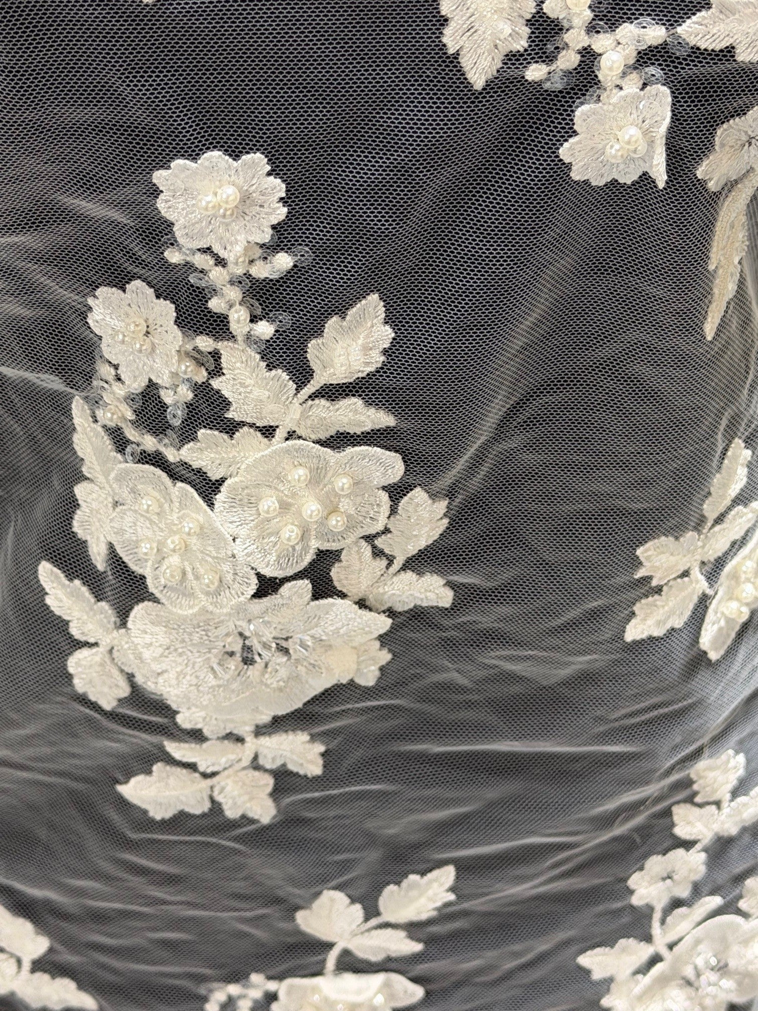 Ivory 3D Emb Beaded Tulle - EB1088