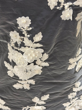 Ivory 3D Emb Beaded Tulle - EB1088