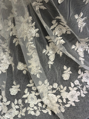 Ivory 3D Emb Beaded Tulle - EB1088
