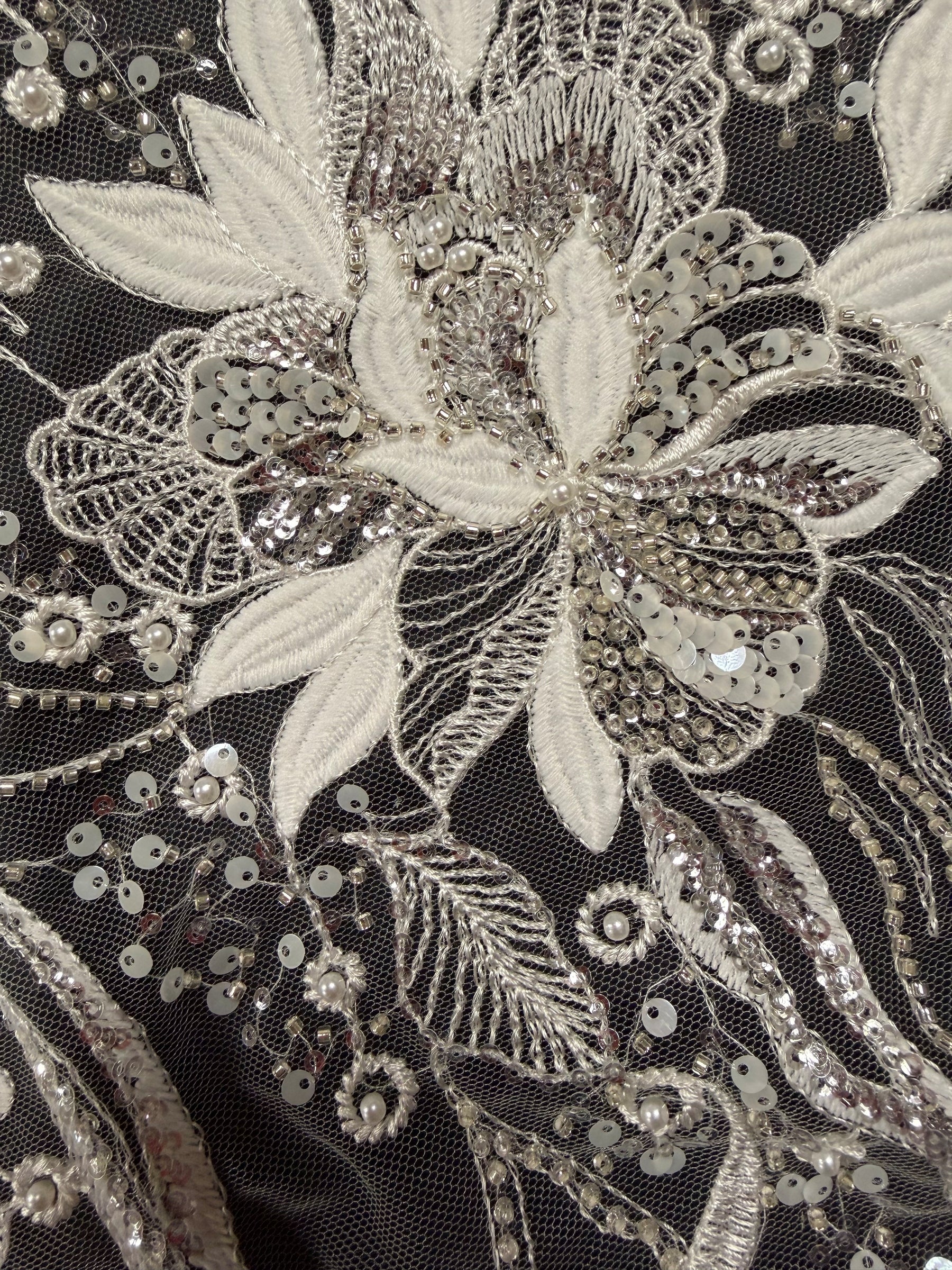 Ivory/Silver Embroidered Beaded Tulle - EB1098