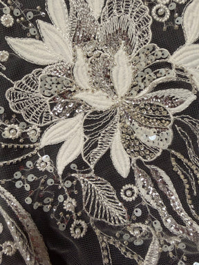 Ivory/Silver Embroidered Beaded Tulle - EB1098