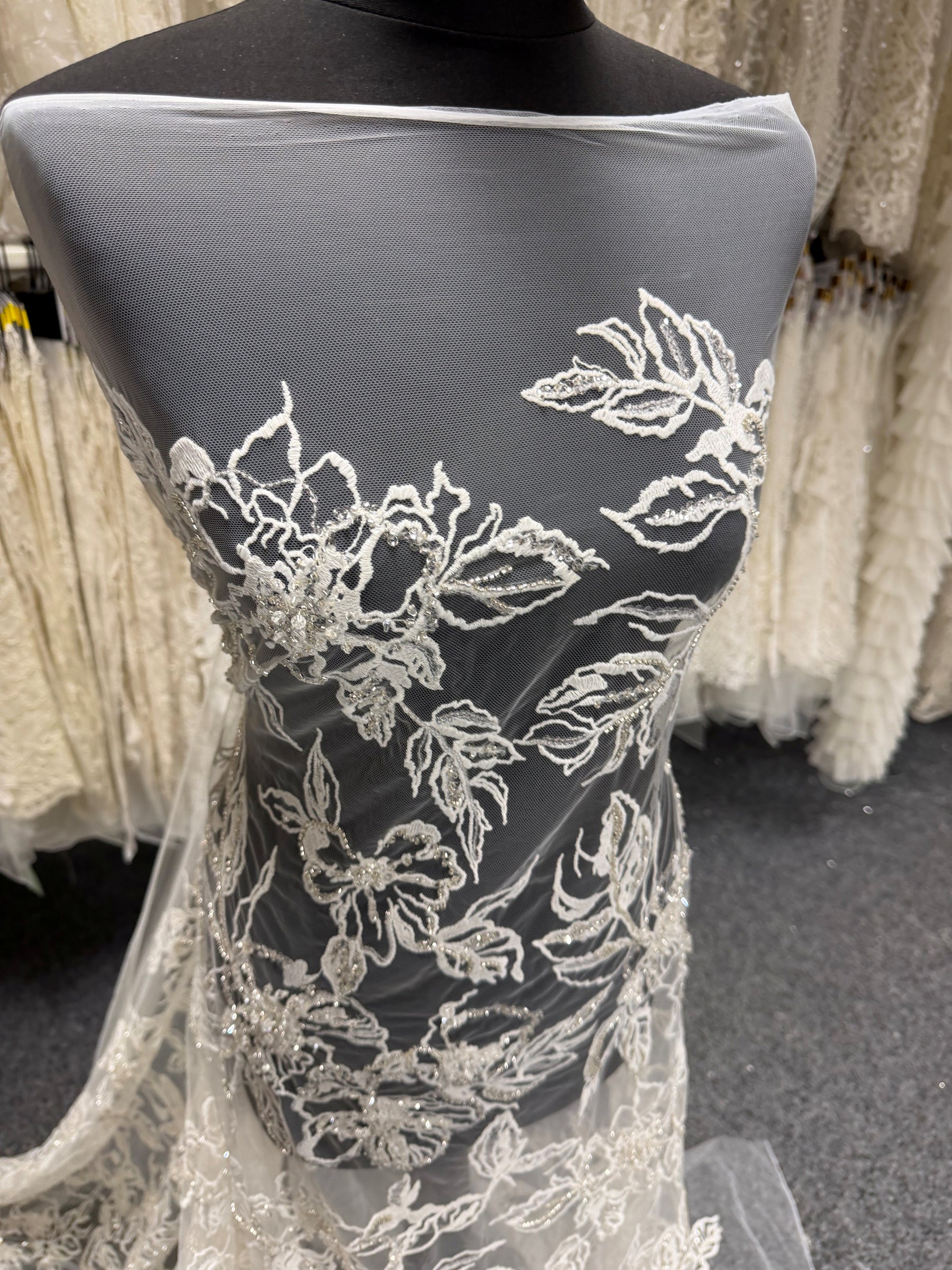 Ivory/Silver Embroidered Beaded Lace - EB1100