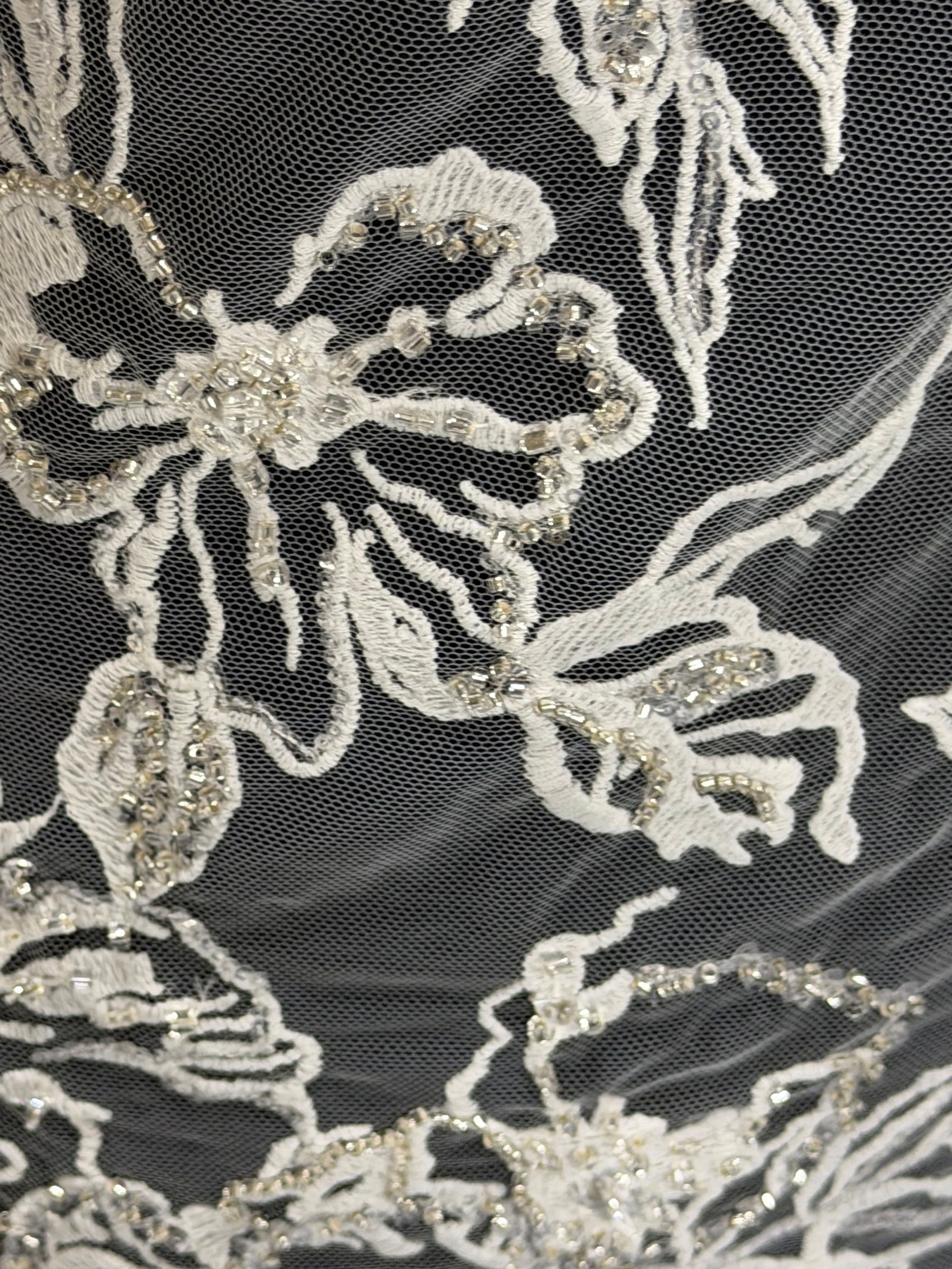 Ivory/Silver Embroidered Beaded Lace - EB1100