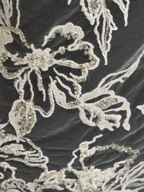 Ivory/Silver Embroidered Beaded Lace - EB1100