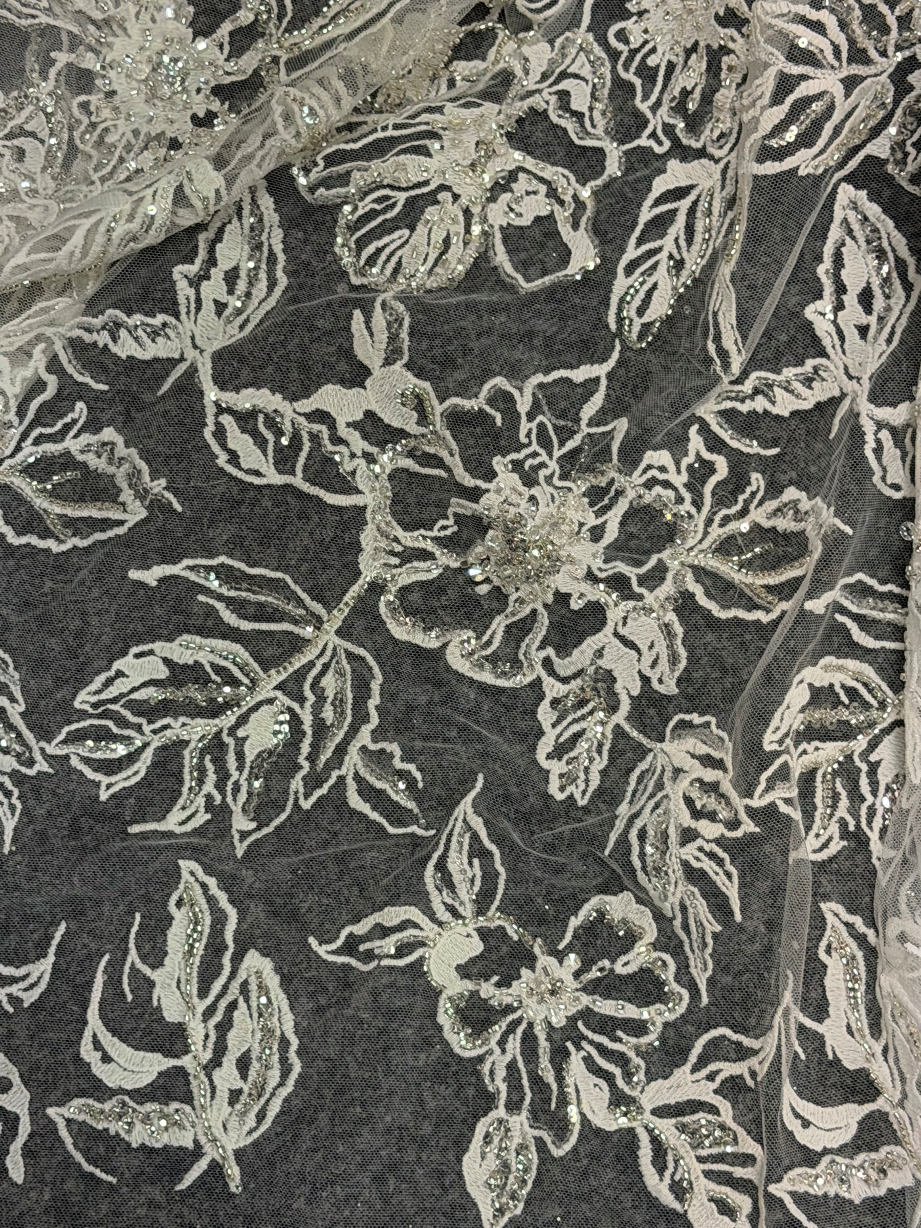 Ivory/Silver Embroidered Beaded Lace - EB1100