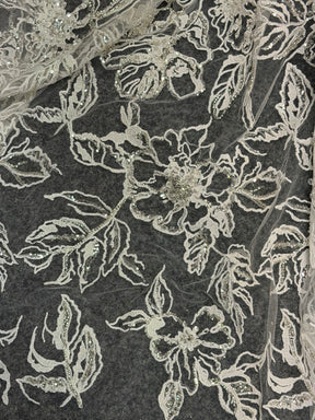 Ivory/Silver Embroidered Beaded Lace - EB1100