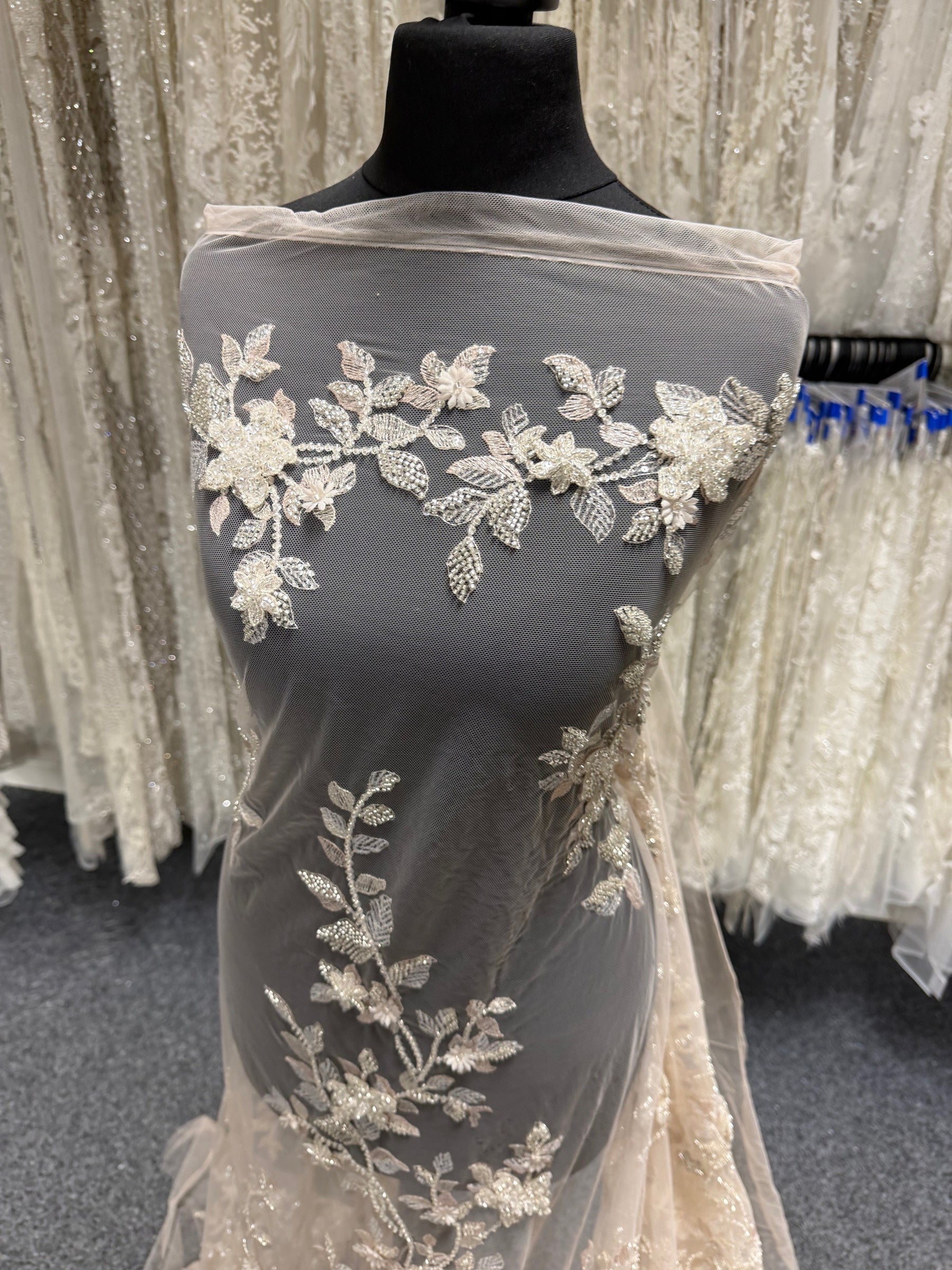 Light Skin/Silver Emb Beaded Tulle - EB1105