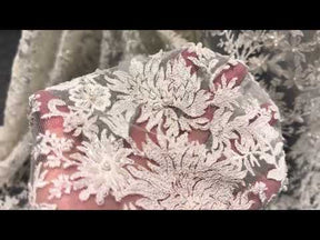 Ivory/Silver Embroidered Beaded Lazer Cut Tulle - EB1075