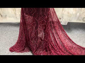 Wine Emb Beaded Tulle - EB1056