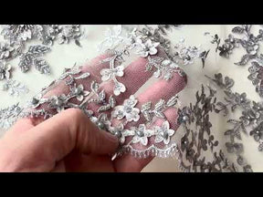Light Grey 3D Embroidered Beaded Tulle - EB1026