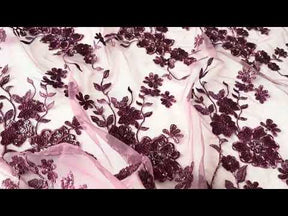 Red Bean Embroidered Beaded Tulle - EB1090