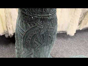 Smokey Green Embroidered Beaded Tulle - EB1056
